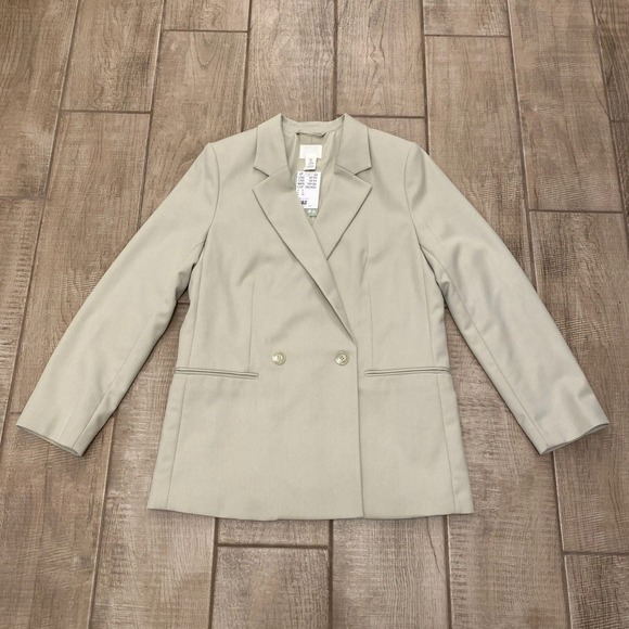 NWT H&M Blazer S Long Jacket Beige Lined Business Career Office Preppy Minimal - Picture 1 of 10